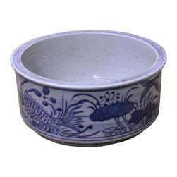 Chinese Vintage Finish Blue White Porcelain Round Pot Planter - Indoor Pots And Planters