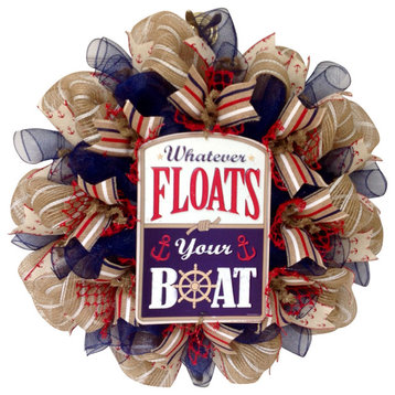 Whatever Floats Your Boat Nautical Sailing Wreath Handmade Deco Mesh