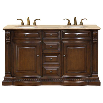 60 Inch Small Walnut Double Sink Bathroom Vanity, Choice of Top, Traditional, Tr