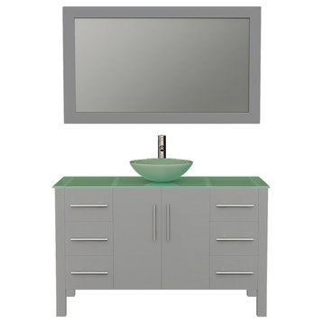 48" Gray Single Vessel Sink Bathroom Vanity, Tempered Glass Top and Sink, Faucet
