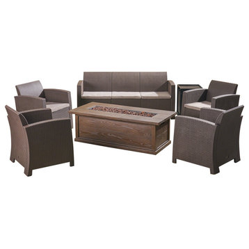 GDF Studio Ian Outdoor Wicker Print Chat Set For 7 With Fire Pit, Brown/Mixed Bi