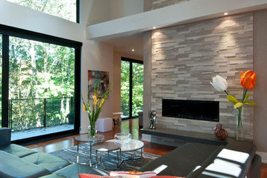 Mid-sized trendy formal and open concept medium tone wood floor living room photo in Toronto with a ribbon fireplace, beige walls, a stone fireplace and no tv