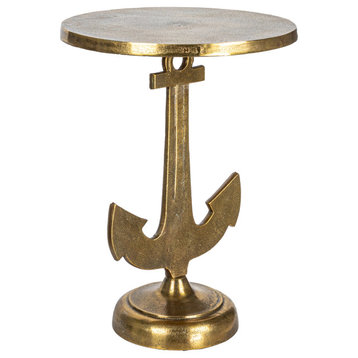 Round Nautical Accent Table With Anchor Base, Cast Iron, Gold Finish