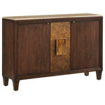 Lexington - Santa Clara Hall Chest With Stone Top - The Santa Clara hall chest is the most unique item in the collection, featuring cathedral Walnut veneer on the doors, a decorative metal center panel finished in maritime brass over sliver leaf, statement tiger's eye hardware, and a tiger brown travertine top. Behind the two doors are four adjustable shelves.