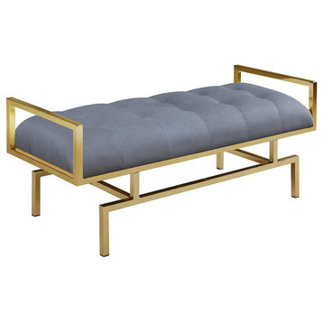 Unique Upholstered Bench, Geometric Golden Frame and Padded PU Leather Seat, Gre