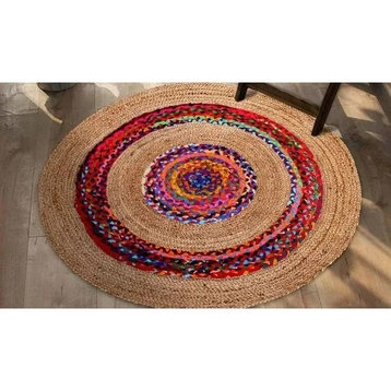 Farmhouse Round Area Rug, Natural Jute With Multicolored Boundary Accents, 6'