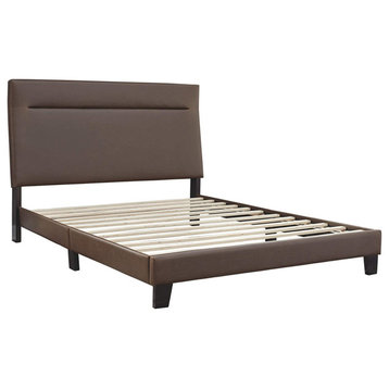Modern Queen Size Bed Frame With Adjustable Headboard, Brown Faux Leather, King