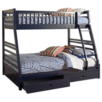 Benzara BM215948 Twin Over Full Bunk Bed, Wheel Supported Bottom Drawers