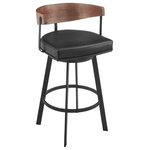 Armen Living - Lacey Swivel Stool, Black/Walnut Finish & Black Faux Leather, Bar, 30" - Indulge in the sophisticated charm and comfort of the Lacey Swivel Counter or Bar Height Stool in Faux Leather and Black Iron by Armen Living. This contemporary barstool introduces a fresh design by blending materials and finishes to deliver an exceptionally satisfying and stylish seating option. The chic and refined barrel back embraces your body, and the generously padded seat is packed with extra firm foam to offer support for years to come. The cushion is upholstered in sumptuous faux leather that resists cracking and is water and stain-resistant for easy care and maintenance. Elevated by four sturdy, metal legs, this stool invites lasting comfort and elegance anywhere from your kitchen island, pub table, home bar, or even a standing desk in your home office for a stylish impact. This bar or counter stool includes a built-in footrest to relieve pressure on your legs and lower back, ensuring you and your guests are comfortable for hours. The Lacey Swivel Counter and Bar Height Stool is available in Black Iron and classic Walnut accent with your choice Vintage Gray or Vintage Black faux leather upholstery, providing versatile options to perfectly complement your home decor.