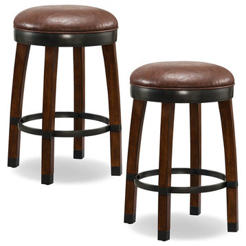Set of 2 Counter Stool, Backless Design With Faux Leather Seat, Sienna/Sable