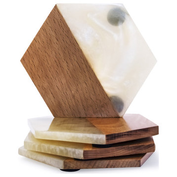 Fusion Hex 4 pieces Wood and Marble Effect Coaster set