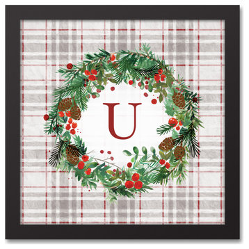 Holiday Gray Plaid Monogram Wreath U 12x12 Black Framed Canvas