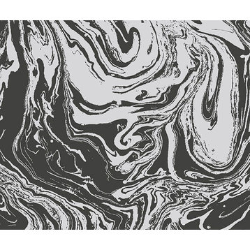 Paint Swirl Pattern Wallpaper, Black/Silver, 1 Bolt