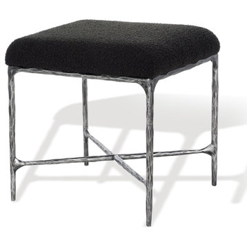 Contemporary Ottoman, Distressed Metal Base With Boucle Upholstered Seat, Black
