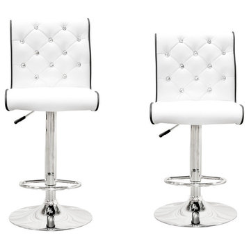 Modern Swivel Bar Stool With Crystals and "Tufted" Look, Set of 2, White