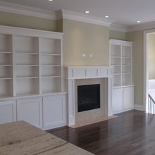Family room with fireplace off center