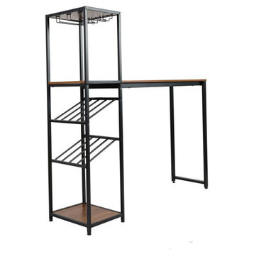 Jura Metal Bar & Wine Table w/2 Slanted Shelves for Bottles & Glass Storage, Walnut Top/Black Frame