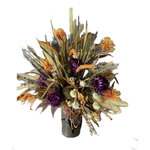 SilkInBloom - Delights of Nature with Mums and Pampas Grass - This Stunning design was Handcrafted by mixing Botanicals of contrasting types, textures and colors. Gorgeous, geometrically perfect deep Purple Chrysanthemum is the main flower in this design. According to Buddhist Monks it holds strong Yang energy and brings brightness and vitality to homes. Lush Pampas and Foxtail Grasses in light golden, brown tones surround the Mums and create beautiful contrast and softness in the design.