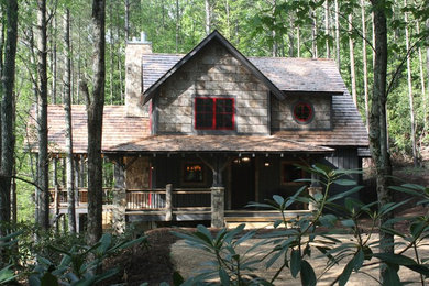 Large rustic gray two-story mixed siding exterior home idea in Charlotte