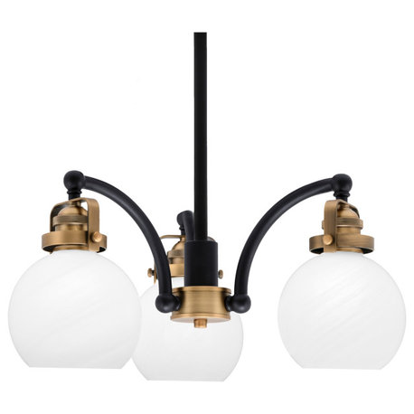 Easton 3 Light Chandelier, Matte Black & Brass Finish, 5.75" White Marble Glass