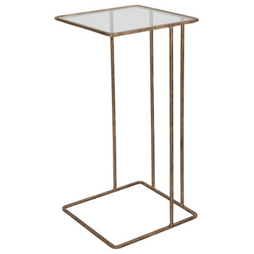 Elegant Minimalist Petite Forged Gold Metal Accent Table Square Glass Top Drink