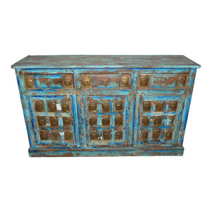 Mogul Interior - Consigned Antique Sideboard Buddha Carving Blue Distressed Furniture - Buffets And Sideboards