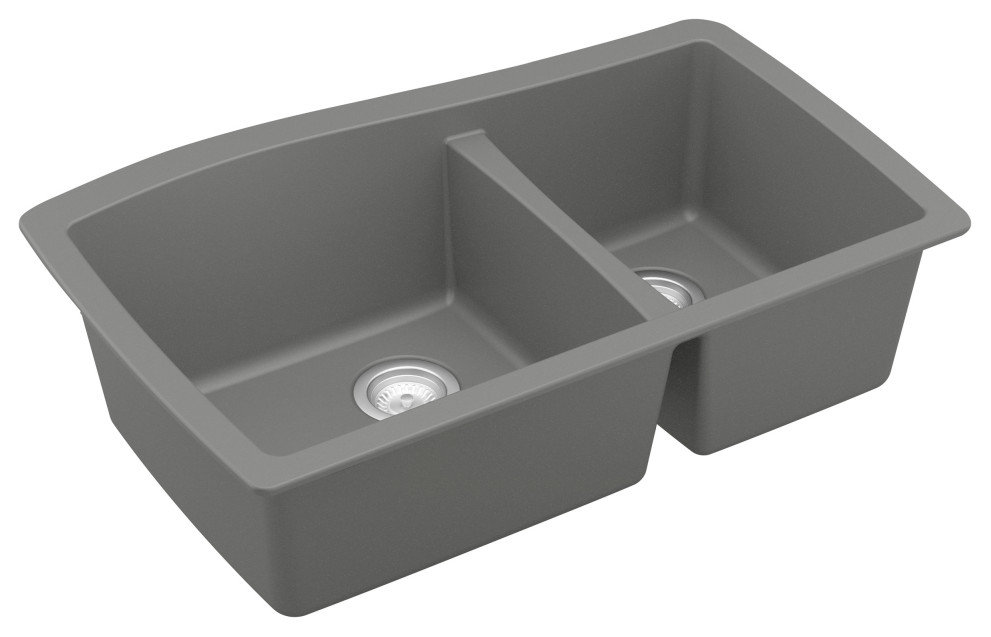 Karran Undermount Quartz 33" 60/40 Double Bowl Kitchen Sink, Grey