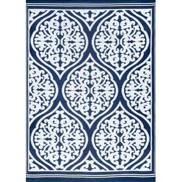 Kingman Transitional Damask Navy/White Rectangle Indoor/Outdoor Area Rug, 9'x12'