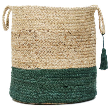 Two-Tone Natural Jute Woven Decorative Basket with Handles, Hunter Green, 17"