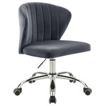 Meridian Furniture - Finley Swivel and Adjustable Velvet Upholstered Office Chair, Gray, Chrome Base - Count on the Finley Velvet Office Chair to give them something to talk about around the water cooler. This beautiful office chair has a svelte seashell-inspired back that's channel tufted for sumptuously inviting look and added comfort to help you get through those long hours chained to your desk. Reward yourself for the VIP you are with this chair that's upholstered in soft grey velvet that feels luxurious against the skin no matter how hard you work. The rich chrome base features five casters to make it easy to roll from your workstation to the printer, and this swiveling chair's adjustable for added comfort.