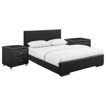 Black Upholstered Platform Queen Bed With Two Nightstands