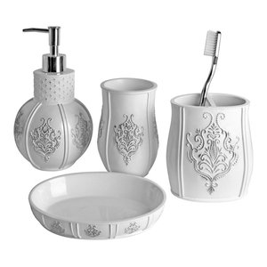 3 Piece Bathroom Accessories Set Sealskin Glossy White And Gold Polyresin