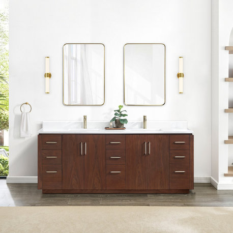 San Bath Vanity with Stone Top, Natural Walnut, 84", Double Vanity, No Mirror