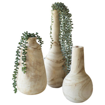 Hand Carved Tall Wooden Bottles Natural Vases, 3-Piece Set