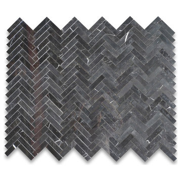 Nero Marquina Black Marble 1x4 Herringbone Mosaic Tile Polished, 1 sheet