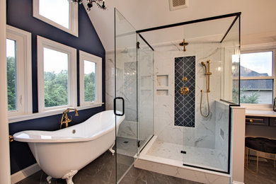 Example of a large ornate master white tile and porcelain tile vinyl floor, gray floor, double-sink and vaulted ceiling bathroom design in Other with raised-panel cabinets, blue cabinets, a two-piece toilet, blue walls, an undermount sink, quartz countertops, a hinged shower door, white countertops, a niche and a built-in vanity