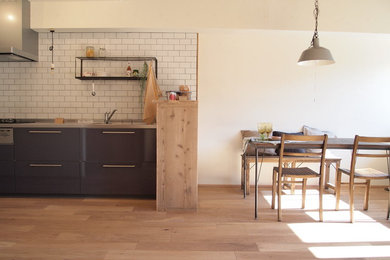 Inspiration for a country open plan dining in Nagoya with white walls and light hardwood floors.