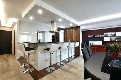 Photo of a large contemporary galley eat-in kitchen in Paris with an integrated sink, flat-panel cabinets, white cabinets, granite benchtops, grey splashback, stainless steel appliances, a peninsula and brown floor.