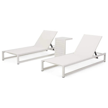 3 Pieces Patio Lounge Set, Aluminum, 2 Breathable Chaises With Side Table, White