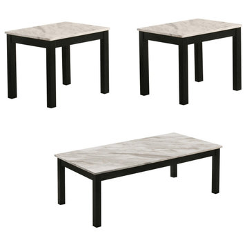 3-Piece Coffee Table and End Table Set, Fauxmarble Surface, Black Legs