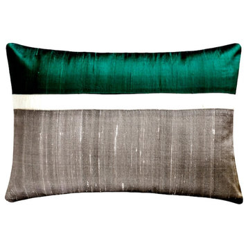 Green Silk Blocking Patchwork 12"x14" Lumbar Pillow Cover - Plush Green Silk