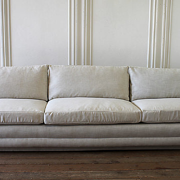 Mid-Century Modern Sofa Reupholstered in Natural Linen Blend Herringbone