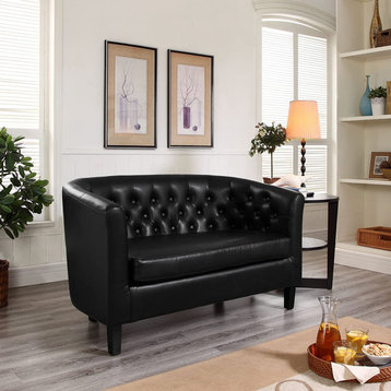 Contemporary Loveseat, Black Faux Leather Padded Seat With Button Tufted Back