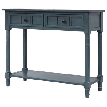 TATEUS Espresso Finish Solid Wood Console Table With Drawers, Navy
