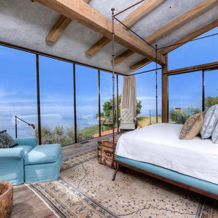 Geräumiges Mediterranes Hauptschlafzimmer mit grauer Wandfarbe und braunem Holzboden in San Francisco