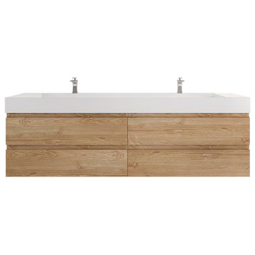 Monterey 84" Double Sink Wall Mounted Vanity with Reinforced Acrylic Sinks, New England Oak