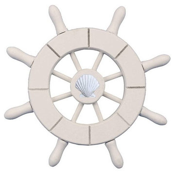 White Decorative Ship Wheel With Seashell 6'', Boat Steering Wheel Decoration