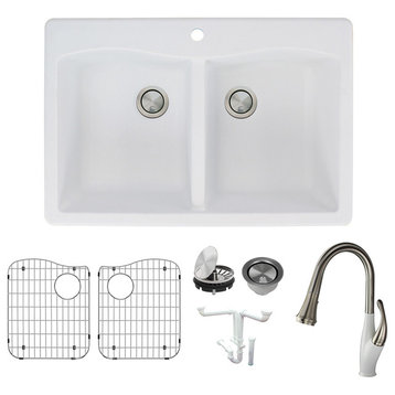 Transolid Aversa Granite Kitchen Sink Kit With Faucet, 33"x22"x9", White