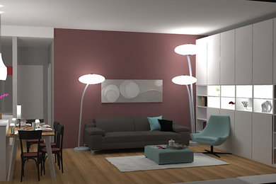 Immagine di un piccolo soggiorno minimalista aperto con libreria, pareti rosa, parquet chiaro e TV a parete