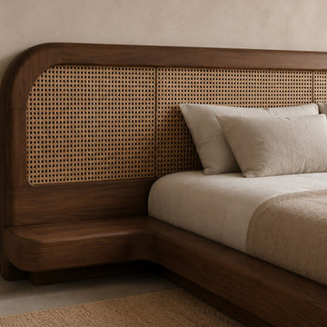 Solid Teak Wood Rattan Cane Headboard | Modern Japandi Platform Bed